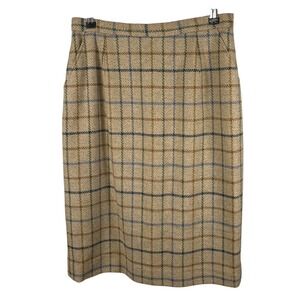 Pendleton Vintage Wool Lambswool Plaid Pencil Skirt Tan Green Blue Size 10 USA